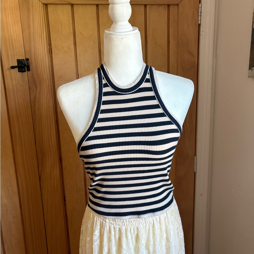 Garage Striped Halter Ribbed Tank Top - Navy & White